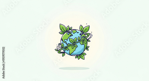 A colorful vector illustration of the Earth wrapped in leaves and vines, symbolizing environmentalism and sustainability.