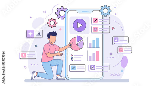 Team analyzing mobile app dashboard on smartphone flat vector illustration