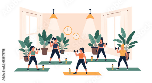 Group of active women wearing sportswear performs dumbbell exercises on yoga mats in a spacious gym with large windows and plants.