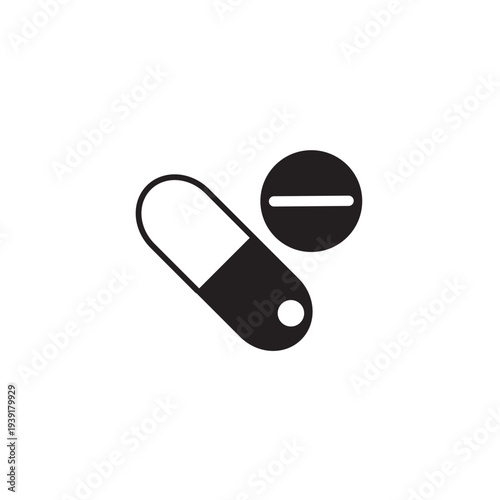 Pill capsule icon with minus sign isolated on white background. Medicine symbol for pharmacy, healthcare, medication dosage, treatment, and medical UI design.