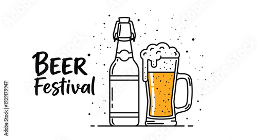 Beer festival concept illustration showcases a line art drawing of a glass mug filled with frothy beer and a classic swing top bottle.
