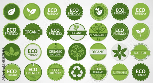 A collection of green eco friendly and organic badges and labels in various shapes and designs