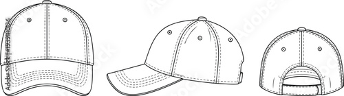 Baseball cap outline template showing front side and back views, fashion headwear vector illustration