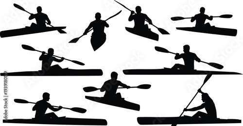 Kayaking and canoe paddling silhouettes collection showing water sport athletes rowing boats vector illustration set