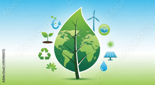 A vector graphic illustration of a green earth symbol surrounded by eco-friendly icons and a tree, representing environmental sustainability and conservation.