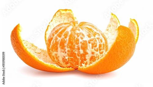 A peeled citrus fruit with segments exposed, rind spread around