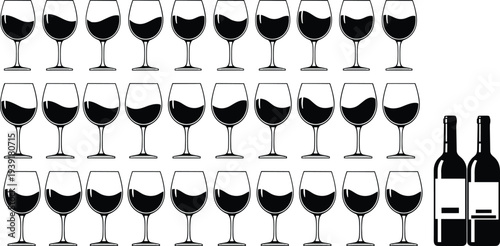 Wine glasses collection with different fill levels and wine bottles, elegant drink vector illustration set