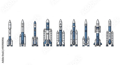 Collection of various rocket ship designs in a row.