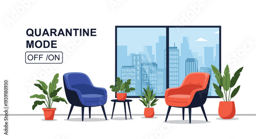 Modern living room interior with a city view through the window features a quarantine mode toggle switch to show status of lockdown.