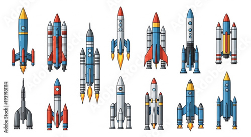 Collection of colorful cartoon rockets and spaceships for space exploration.