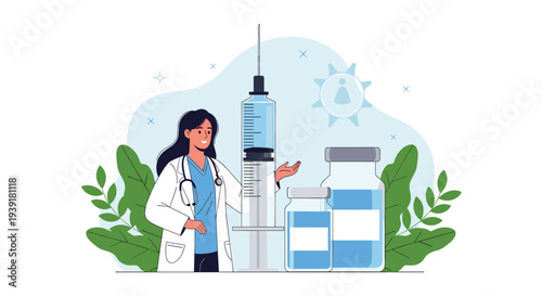Professional female doctor in a white lab coat stands next to a large medical syringe and vials of vaccine against a leafy backdrop.
