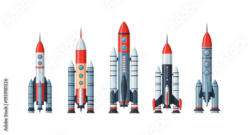 Collection of five different rockets standing side by side.
