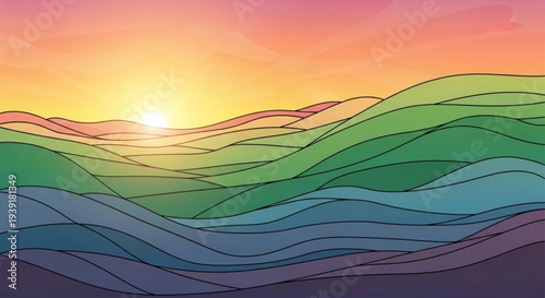 A vibrant vector graphic illustration of a serene landscape with rolling hills at sunset