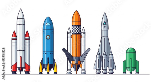 Collection of five different cartoon rockets standing side by side.