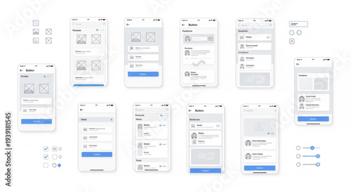 A collection of mobile app wireframes on a white background for user interface design