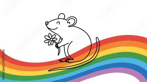 A cheerful mouse holds a flower on a vibrant rainbow symbolizing happiness and hope in a simple colorful illustration