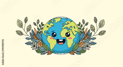 Adorable cartoon globe with a smiling face and rosy cheeks is nested among a variety of colorful hand drawn leaves and plants.