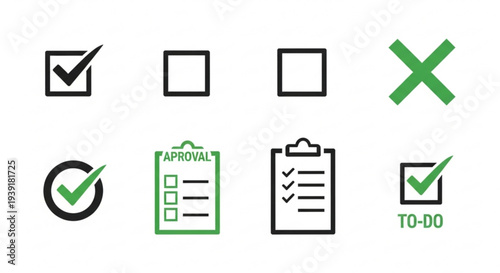A set of vector icons depicting checkmarks, checkboxes, and approval symbols in a flat design style