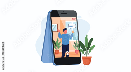 Smartphone screen displays a video call with a man talking in a room while real potted plants are placed around the device's base.