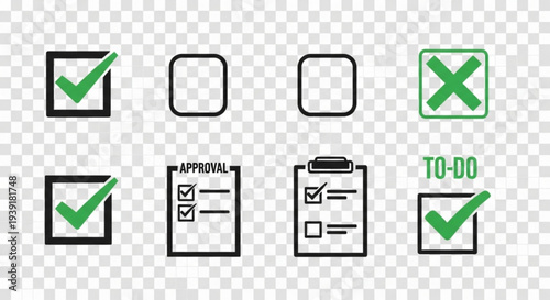 A set of vector graphic icons depicting checkmarks and to-do lists on a transparent background