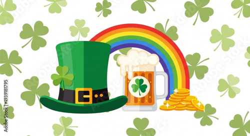 St patrick's day celebration with green hat rainbow beer and gold coins on white background with shamrocks