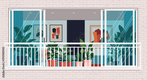 Modern apartment balcony is filled with many lush green potted plants of different sizes and types seen through sliding glass doors.