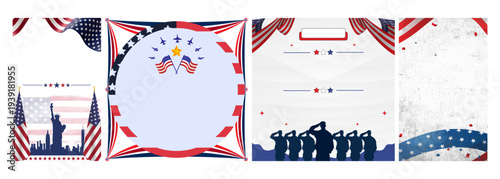 Patriotic Collage Featuring American Flags, Statue of Liberty, Fighter Jets, and Military Salutes