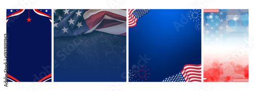 Patriotic USA Themed Backgrounds Collage Featuring American Flags, Stars, Fireworks, and Bokeh Effects
