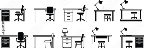 Office desk workspace furniture icons collection with chairs, lamps and tables, workplace vector silhouette illustration set