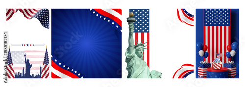 Patriotic American Independence Day Montage Featuring Iconic Landmarks and Festive Decorations