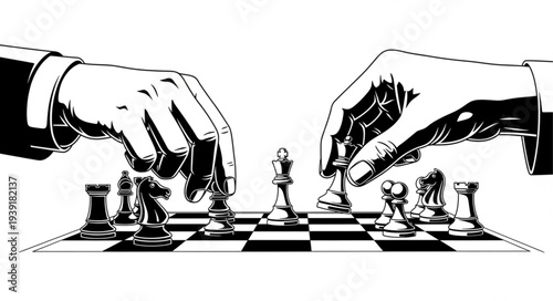 Chess game strategy - Two hands moving chess pieces on a board.