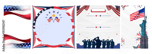 Patriotic Collage Featuring American Flags, Military Jets, Statue of Liberty, and Saluting Soldiers for National Holidays