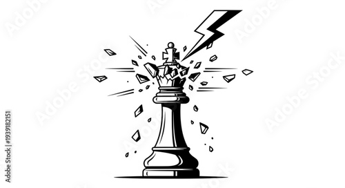 Shattered chess piece with lightning strike, symbolizing defeat and power dynamics.