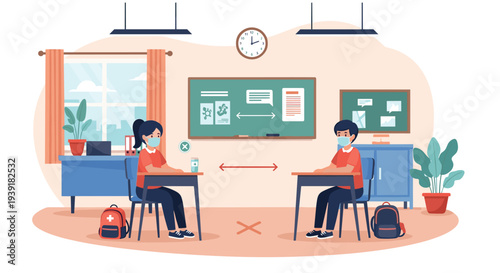 Two students wearing face masks sit at desks spaced far apart in a classroom to maintain social distancing for safety in schools.