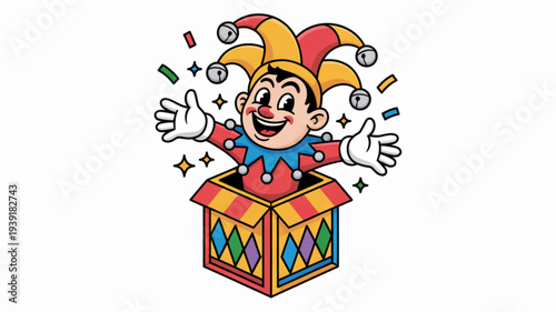 Jester emerges from colorful jack in the box with confetti and stars on white background symbolizing surprise and joy in celebration