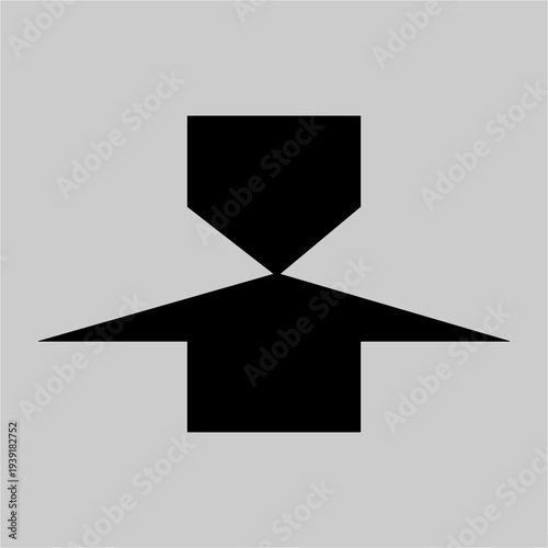 Abstract geometric figure resembling a person with wide triangular arms and a square body balancing sharply on a single point in symmetry.