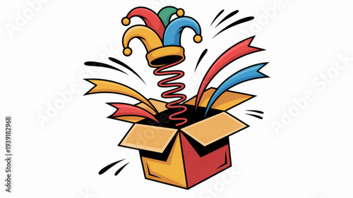 Surprise box with colorful jester hat emerging