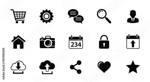Collection of black glyph icons representing various digital concepts silhouette