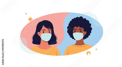 Two diverse women of different ethnicities wear protective medical face masks to ensure public health and safety during a pandemic or flu season.
