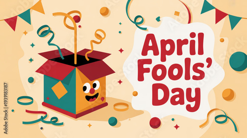 Colorful april fools' day celebration with cartoon jack in the box confetti and festive decorations on beige background