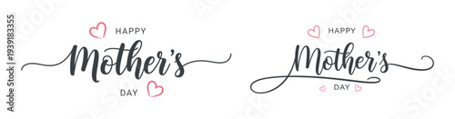 Set of two Happy Mother's Day hand-drawn calligraphy designs with pink hearts isolated on white background