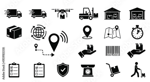 Collection of logistics and delivery icons in a black style silhouette
