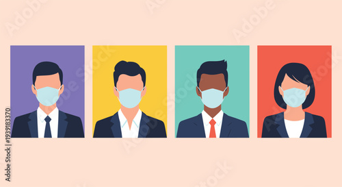Row of four professional business people of different genders and ethnicities wearing protective medical face masks for workplace health and safety.