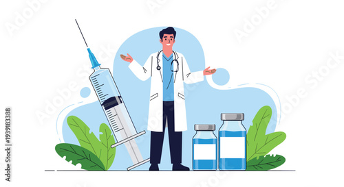 Friendly doctor in a lab coat standing next to a large medical syringe and vaccine vials to promote immunization and public health vaccinations.