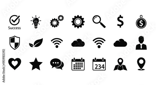 Collection of black icons representing business technology and success silhouette