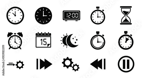 Collection of black time and control icons in a simple silhouette