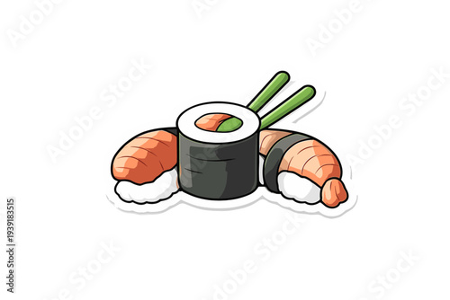 Sushi rolls with shrimp and chopsticks prepared on a flat surface for