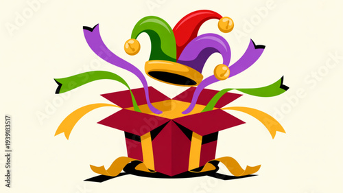 Colorful jester hat emerges from an open red gift box with yellow ribbons and streamers on a beige background