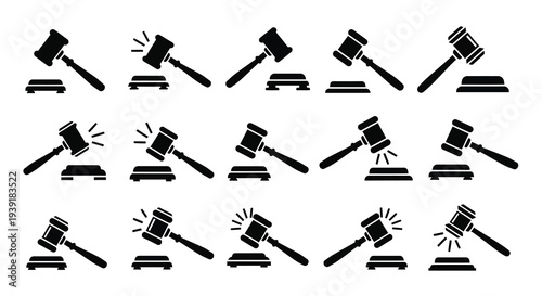 Multiple black silhouettes of gavels arranged in a grid pattern silhouette