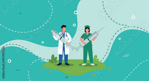 Male doctor and female nurse in medical uniforms standing together and holding large syringes to represent vaccination and healthcare teamwork.